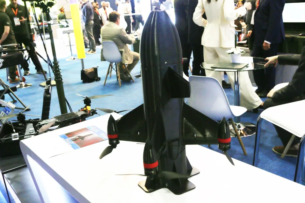 Black Bullet interceptor drone on display at a defense exhibition