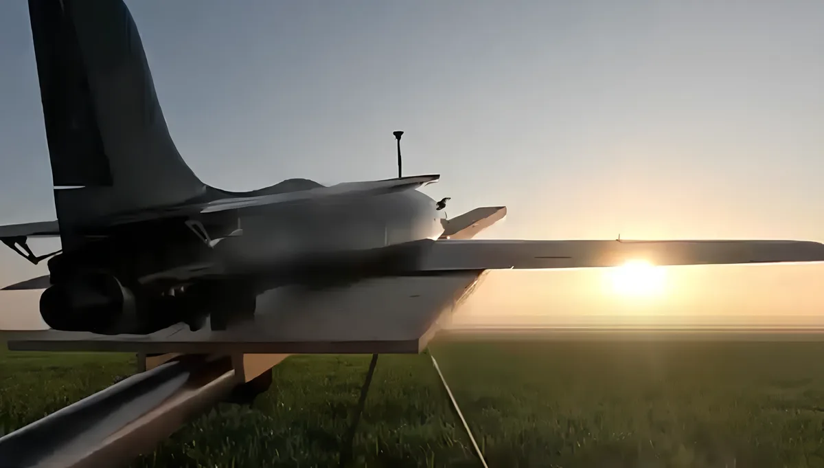 Griffen jet-powered interceptor on its launch rail at sunset