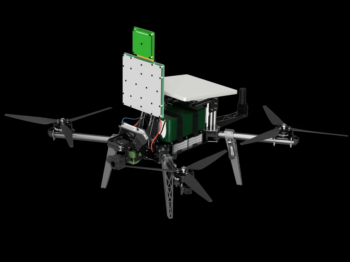 Render of the Grim 18 reusable bomber quadcopter on a black background