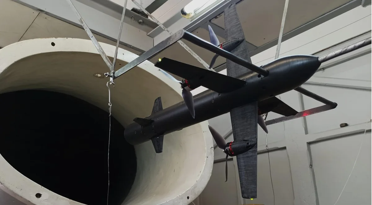 Kestrel interceptor drone displayed inside a large white tube