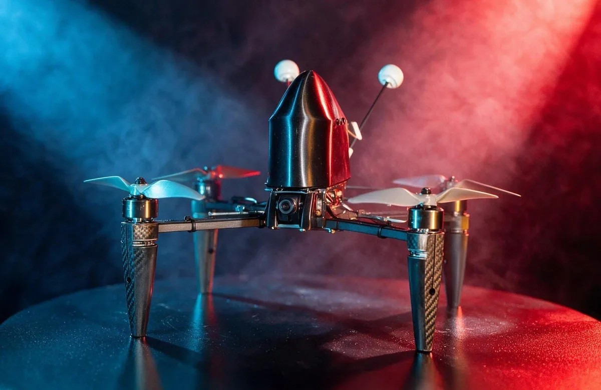 Kolibri-i10 interceptor quadcopter under red and blue studio light