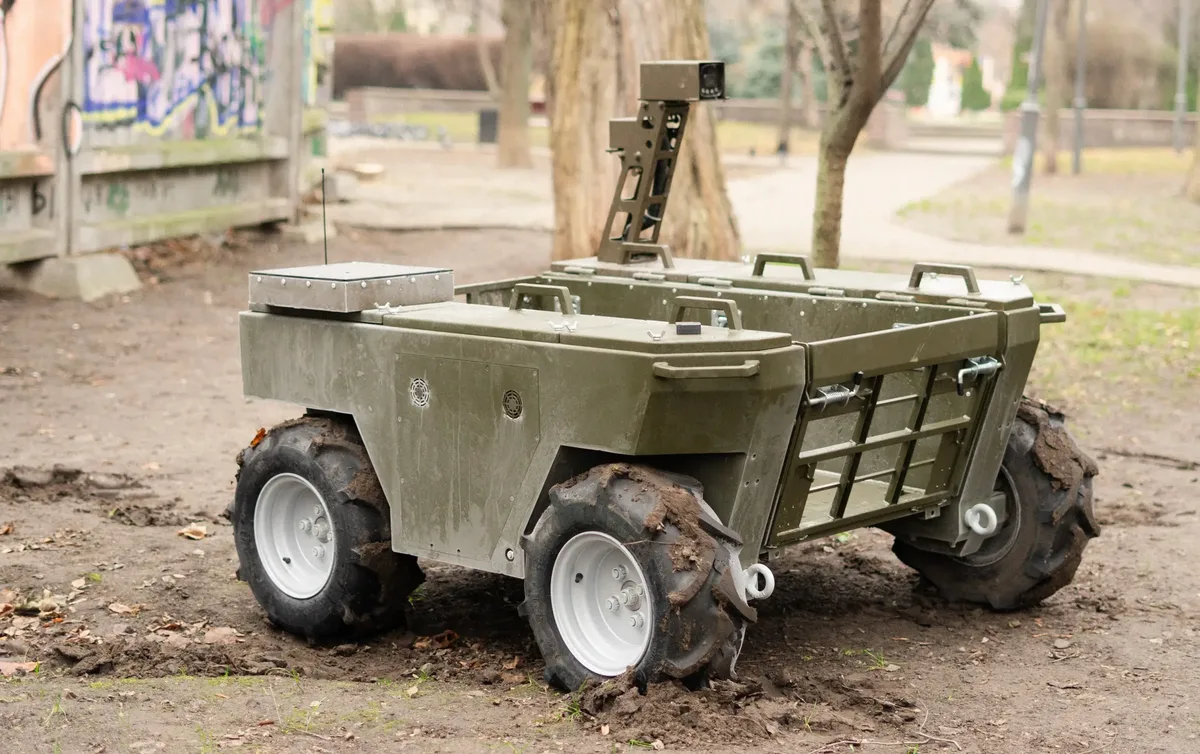 Konyk ONE four-wheel ground robot with a cargo bed and camera mast