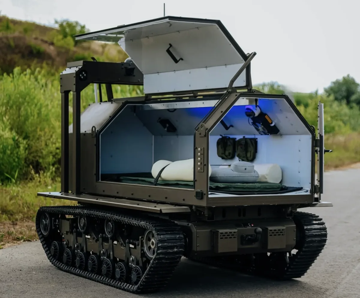 Murakha CaseEvak tracked robot with its armoured casualty capsule open