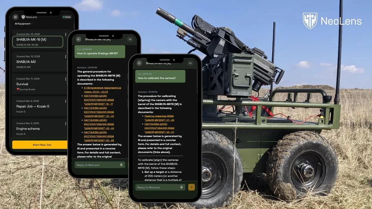 NeoLens repair assistant app on three phone screens in front of a ground robot