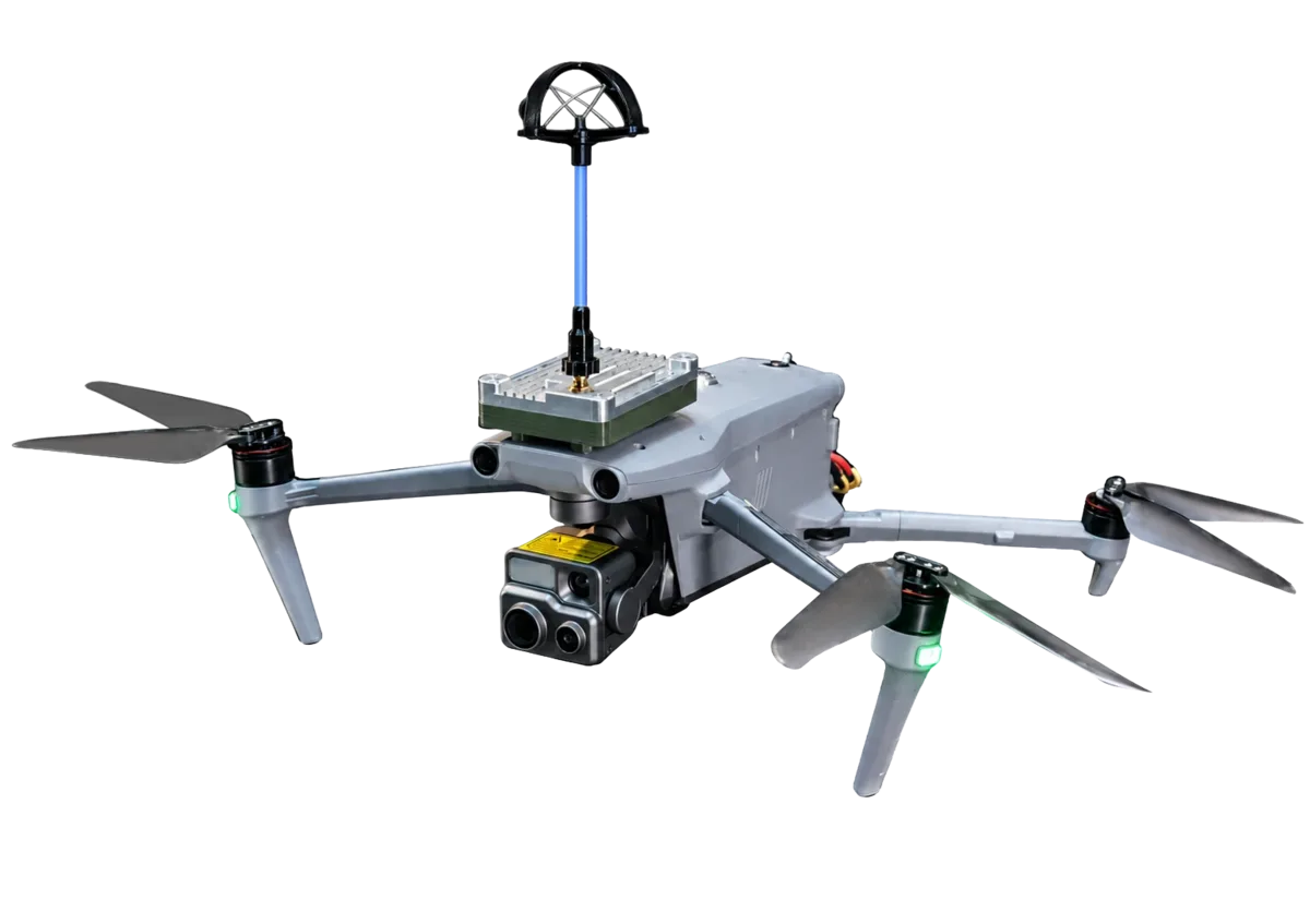 Quadcopter fitted with a PALYCH communications module and antenna