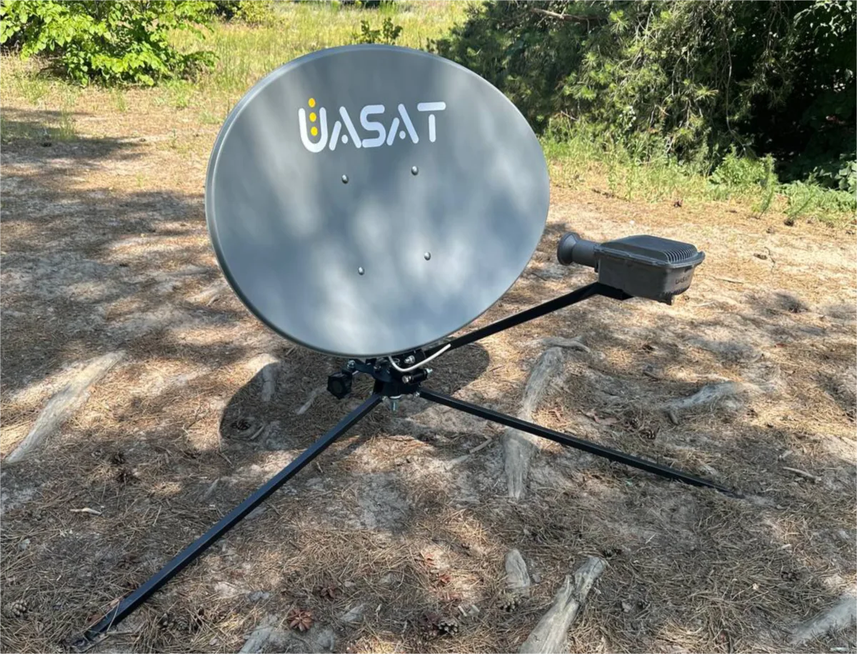 UASAT GEO 74 satellite terminal dish on a tripod