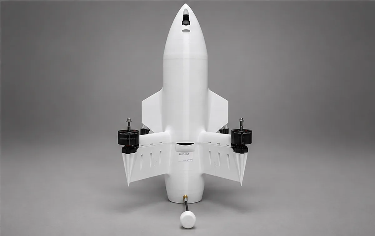 Zorelit v5 interceptor drone with a white airframe, front view